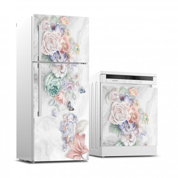 Buzdolabı ve Bulaşık Makinası Beyaz Eşya Sticker Kaplama Çiçekler ve Kelebek