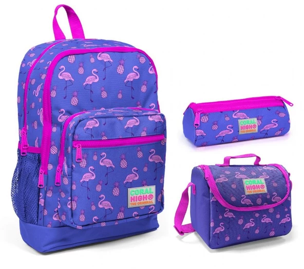 Coral High Mor Flamingo Kız Çocuk 3'lü İlkokul Çanta Seti