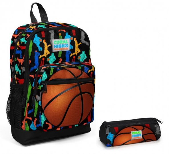 Coral High Basketbol Baskılı Erkek Çocuk İlkokul Çantası ve Kalem Çantası Okul Seti