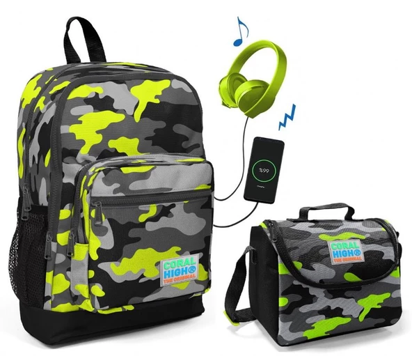 Coral High Yeşil Kamuflaj Okul Çantası ve Beslenme Çantası Seti - Erkek Çocuk - USB Soketli