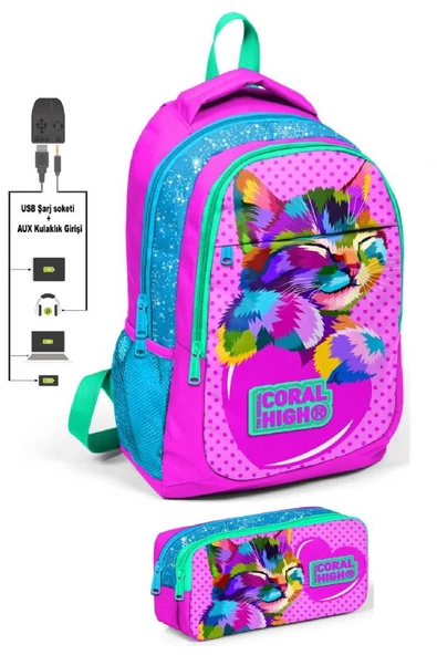 Coral High Sevimli Kedi Baskılı İlkokul Sırt Çantası ve Kalemlik Seti ürün görseli