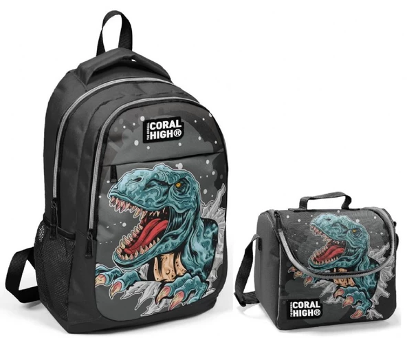 Coral High Erkek Çocuk Gri Dinazor Baskılı Okul Sırt Çantası ve Beslenme Çantası
