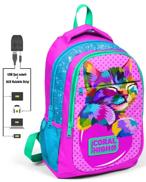 Coral High Sevimli Kedi Baskılı İlkokul Sırt Çantası ve Kalemlik Seti - Resim 2