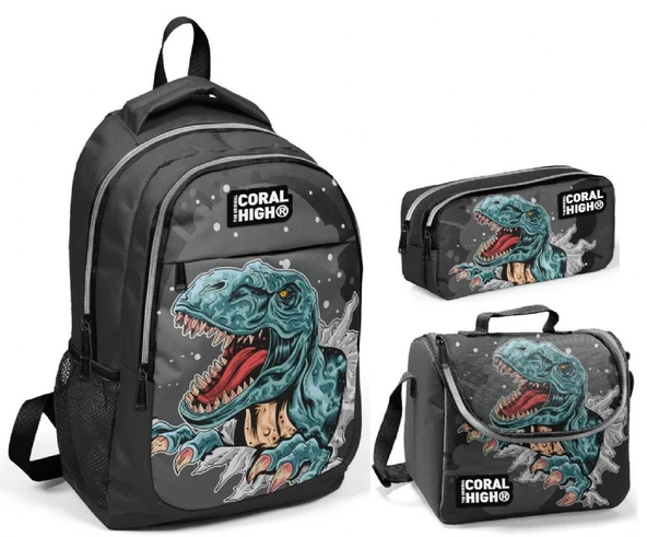 Coral High Dinazor Baskılı Erkek Çocuk İlkokul Çanta Seti - Sırt Çantası+Beslenme+Kalemlik