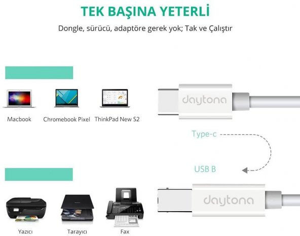 DAYTONA TB1-2-1 1,0m TYPE-C=USB B ÇEVİRİCİ KABLO ADAPTÖR - 5