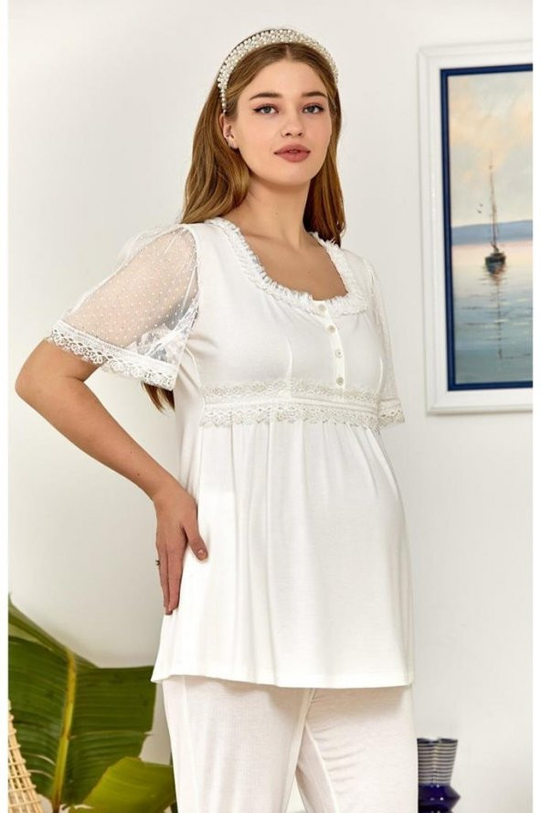 Cossy By Aqua 22508 Kısa Kol Brodeli Lohusa Pijama Takım - 2