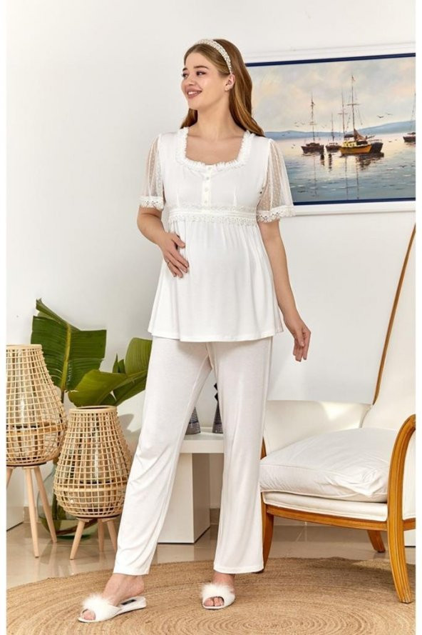 Cossy By Aqua 22508 Kısa Kol Brodeli Lohusa Pijama Takım - 5