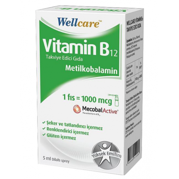 Wellcare Vitamin B12 500 mcg Dil Altı Sprey 5 ml