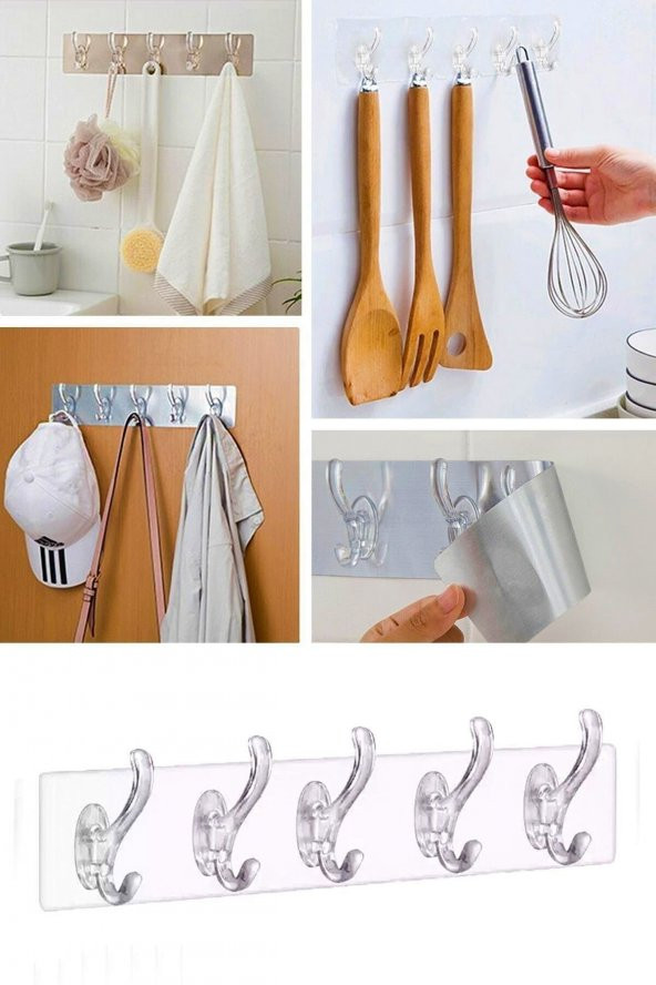 Hayal sepeti Askılık Şeffaf 5li Yapışkanlı Askı Banyo ve  Mutfak Düzenleyici Askısı - 4