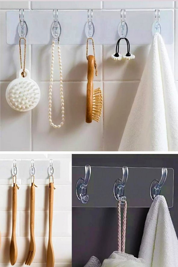 Hayal sepeti Askılık Şeffaf 5li Yapışkanlı Askı Banyo ve  Mutfak Düzenleyici Askısı - 10