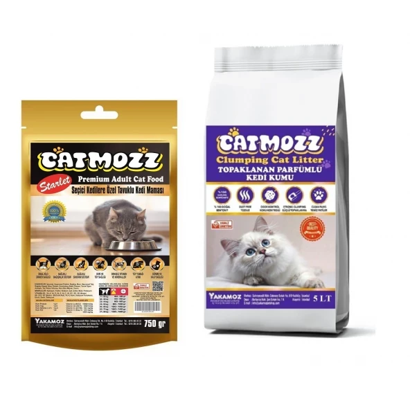 CatMozz Starlet Tavuklu Yetişkin Kedi Maması 750 gr+CatMozz Premium Topaklanan Bentonit Kedi Kumu 5Lt