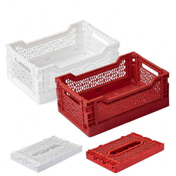 Mini Box Katlanabilir Plastik Kasa 2 Adet (Kırmızı-Beyaz)