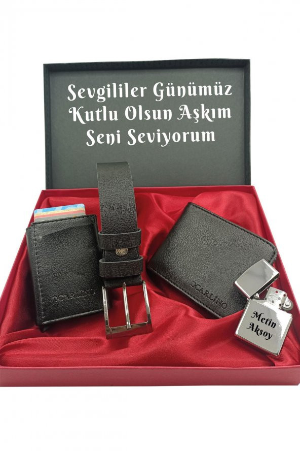 SEVGİLİLER GÜNÜNE KİŞİYE ÖZEL SET kemer, cüzdan,mekanizmalı kartlık,çakmak özel kutulu set