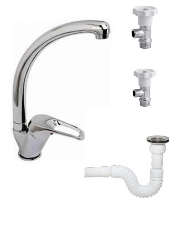 Kuğu Lavabo ve Eviye Bataryası Körüklü Sifon Ara musluk 3lü Set
