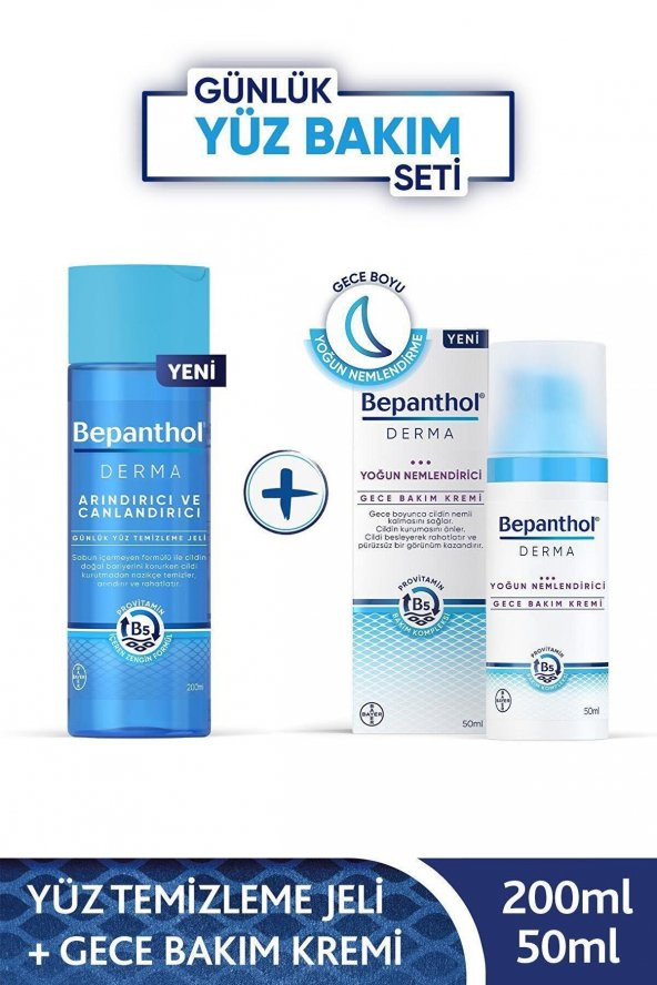 Bepanthol Derma Arındırıcı ve Canlandırıcı Günlük Yüz Temizleme Jeli 200 ml+Bepanthol Derma Yoğun Nemlendirici Gece Bakım Kremi 50 ml