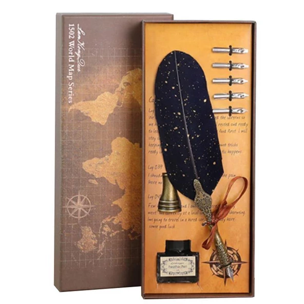 Tüy Divit Kalem Mürekkep Uç 8 li Pirinç Kaligrafi Set Altın Damla - 3