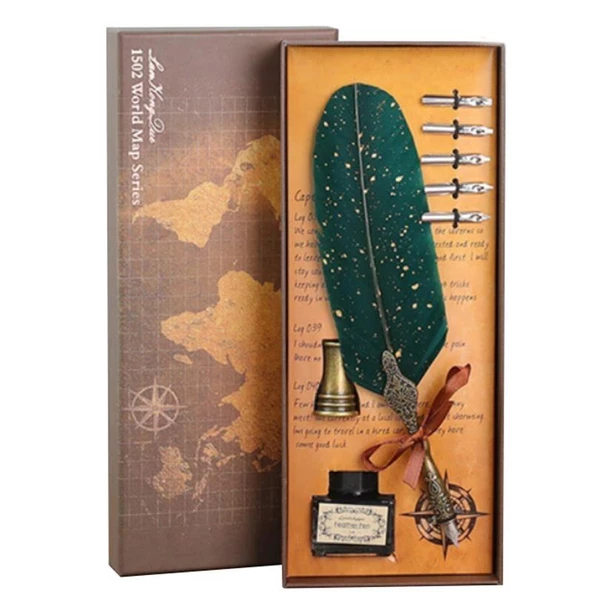 Tüy Divit Kalem Mürekkep Uç 8 li Pirinç Kaligrafi Set Altın Damla - 4