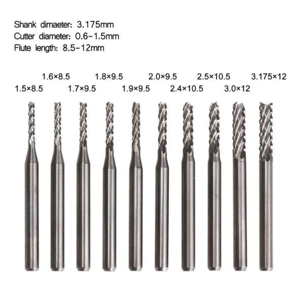 Tungsten Karbür PCB Kesme Oyma CNC Freze Uç 1.5-3.1mm 10lu Set - 7
