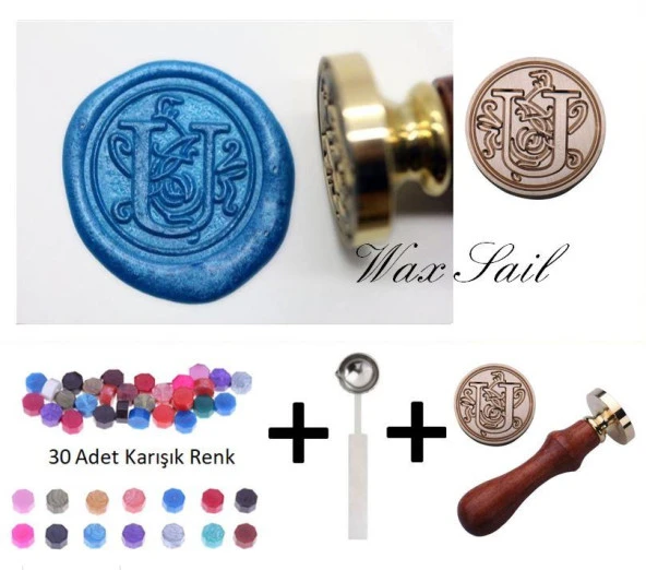 Retro Mektup Mühürü Damga U Harfi + 30 Adet Mühür Mumu + Eritme Kaşığı