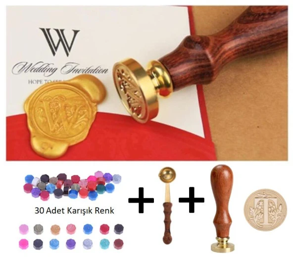Retro Mektup Mühürü Damga T Harfi + 30 Adet Mühür Mumu + Eritme Kaşığı ürün görseli