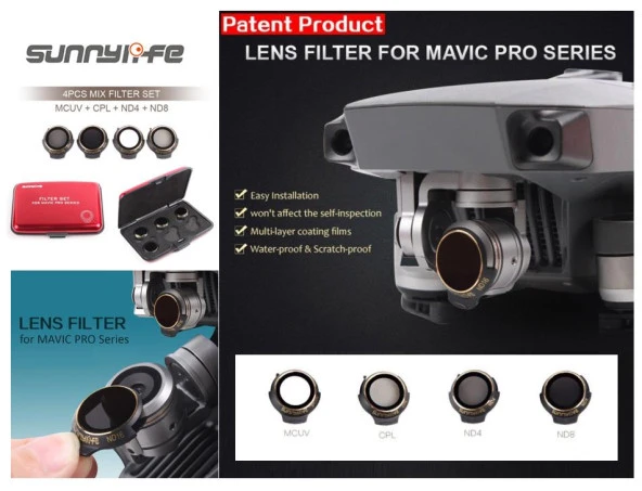 Dji Mavic Pro Kamera İçin Kızaklı Optik Lens 4 lü Filtre Set MCUV / CPL / ND4 / ND8