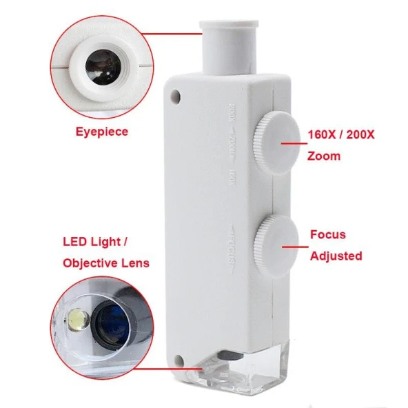 160-200X Beyaz Cep Optik Mikroskop El Büyüteç Aydınlatmalı Yakınlaştırmalı - 5