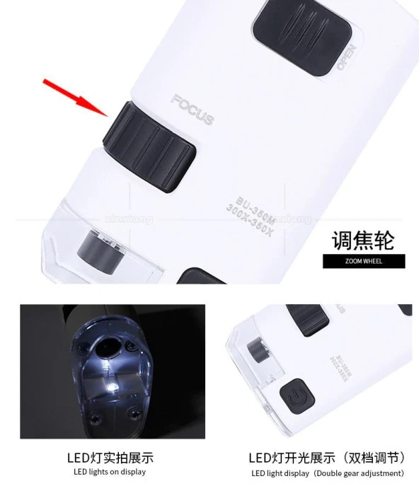 Mikroskop Büyüteç Cam Lensli Telefon Klipsli 300X 350X LED Işıklı - 2