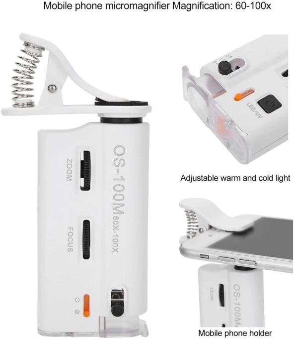 60X 100X UV LED Işıklı Mikroskop Büyüteç Cep Telefon Klipsli - 10