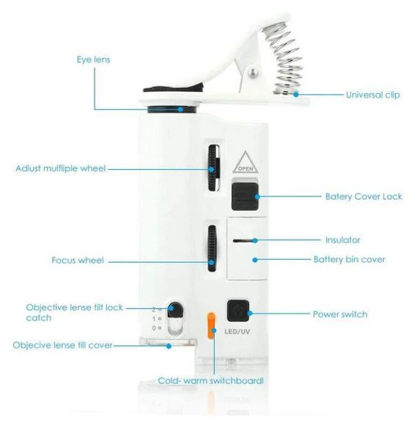 60X 100X UV LED Işıklı Mikroskop Büyüteç Cep Telefon Klipsli - 11