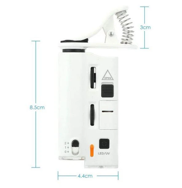 60X 100X UV LED Işıklı Mikroskop Büyüteç Cep Telefon Klipsli - 12