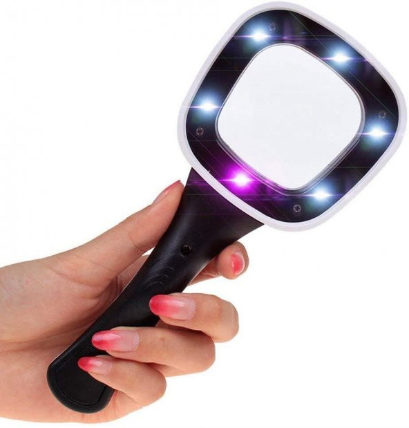 10X HD Lens 55mm 5 LED 1 UV Işıklı Kare El Büyüteç Okuma Kauçuk Çerçeve