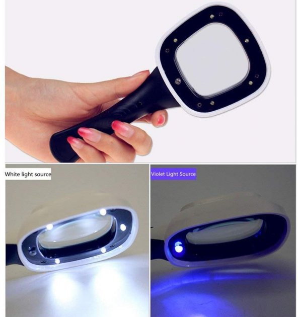 10X HD Lens 55mm 5 LED 1 UV Işıklı Kare El Büyüteç Okuma Kauçuk Çerçeve - 2