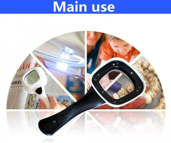 10X HD Lens 55mm 5 LED 1 UV Işıklı Kare El Büyüteç Okuma Kauçuk Çerçeve - 4