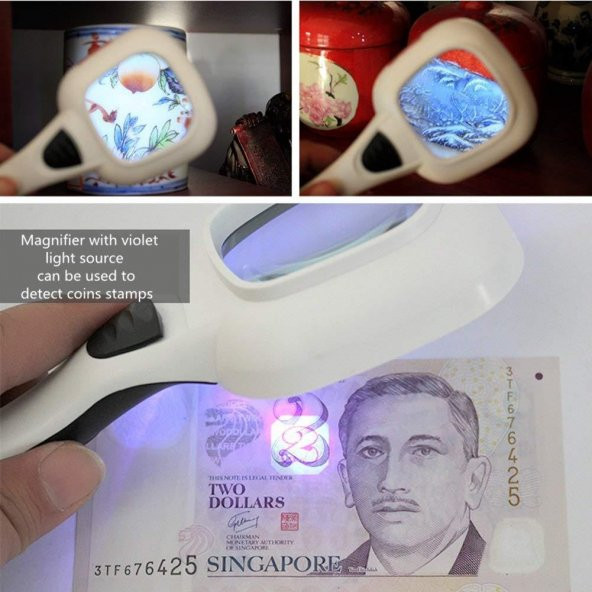 10X HD Lens 55mm 5 LED 1 UV Işıklı Kare El Büyüteç Okuma Kauçuk Çerçeve - 7