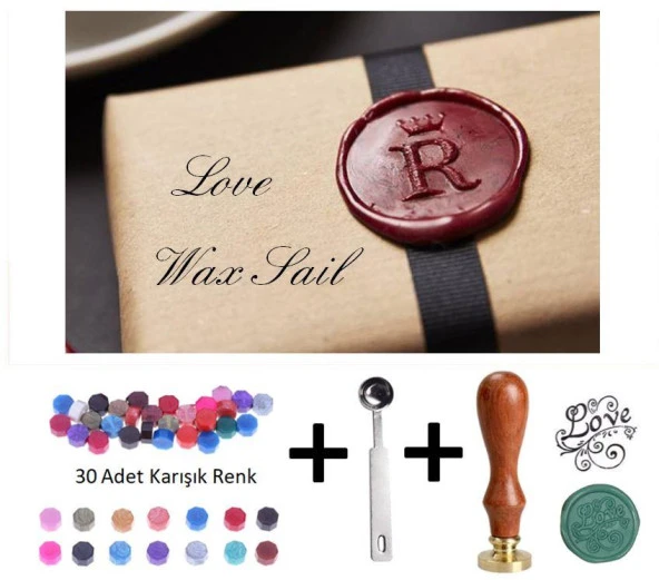 Retro Mektup Mühürü Damga Love + 30 Adet Mühür Mumu + Eritme Kaşığı