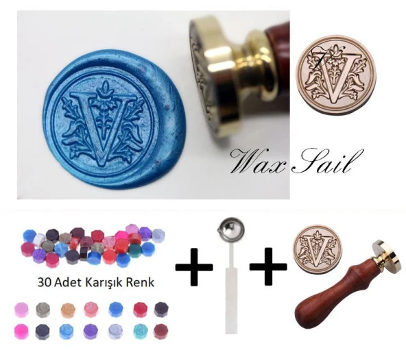 Retro Mektup Mühürü Damga V Harfi + 30 Adet Mühür Mumu + Eritme Kaşığı