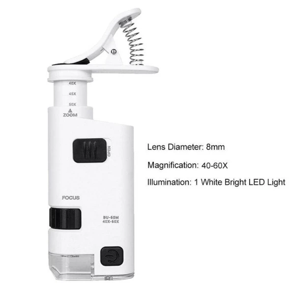 40-60X Büyüteç Zoom Ayarlı Led Işıklı Evrensel Telefon Klipli - 4