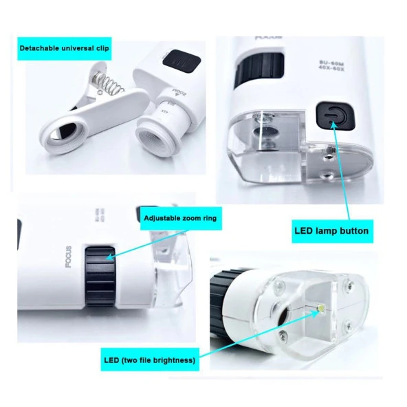 40-60X Büyüteç Zoom Ayarlı Led Işıklı Evrensel Telefon Klipli - 10
