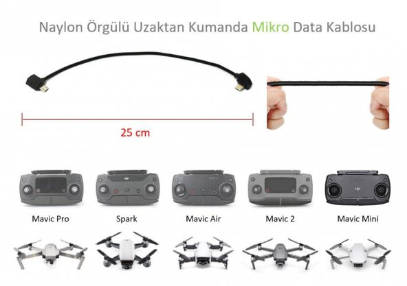 DJI Mavic Pro Platinum Uzaktan Kumanda İçin Mikro Data Veri Kablosu Naylon Örgülü