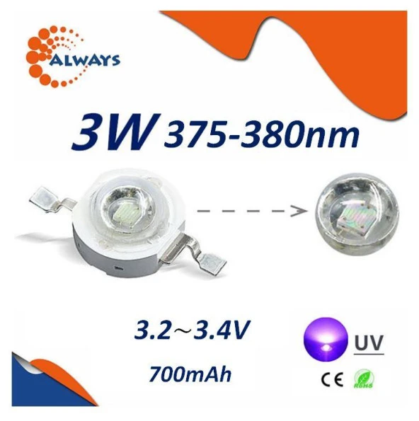 3W UV Boncuk Power Led 375-380nm 700 mAh Ø 8mm 3.2-3.4V