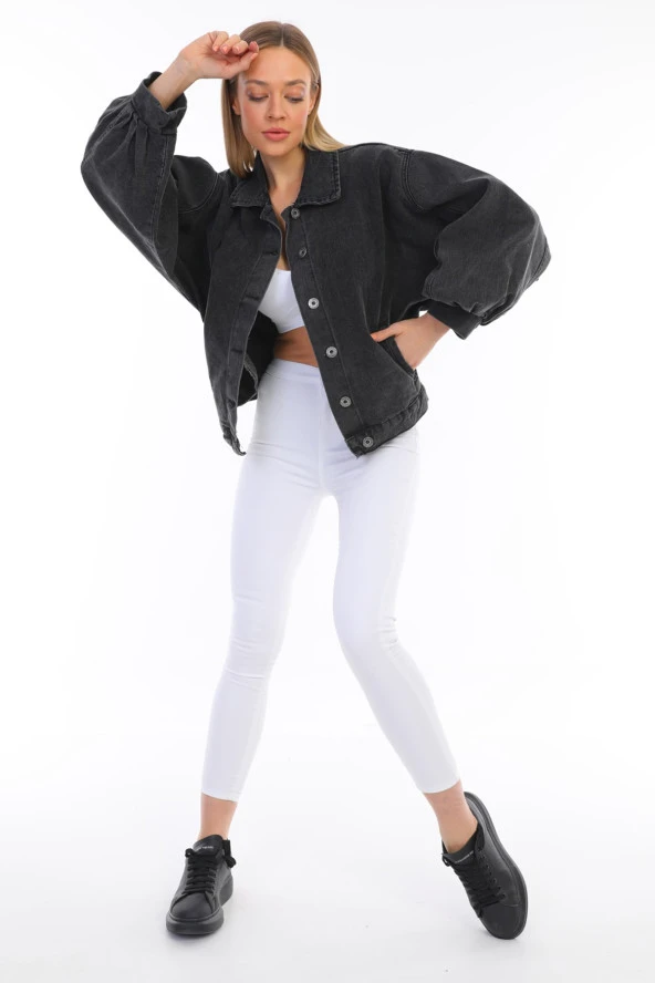 Kadın Oversize Jean Balon Kol Kar Yıkama Denim Kot Ceket - 4