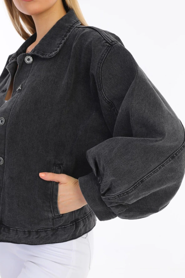 Kadın Oversize Jean Balon Kol Kar Yıkama Denim Kot Ceket - 5