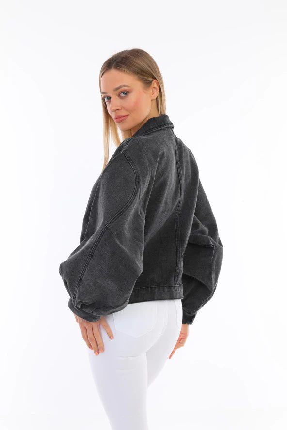 Kadın Oversize Jean Balon Kol Kar Yıkama Denim Kot Ceket - 6