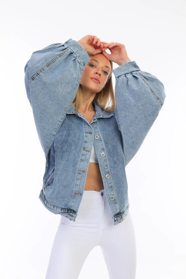 Kadın Oversize Jean Balon Kol Kar Yıkama Denim Kot Ceket - 7