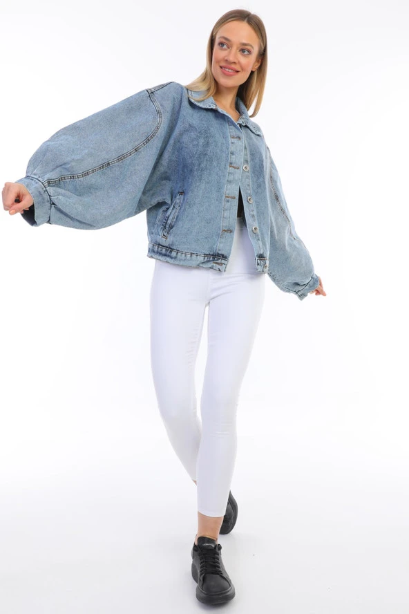 Kadın Oversize Jean Balon Kol Kar Yıkama Denim Kot Ceket - 8