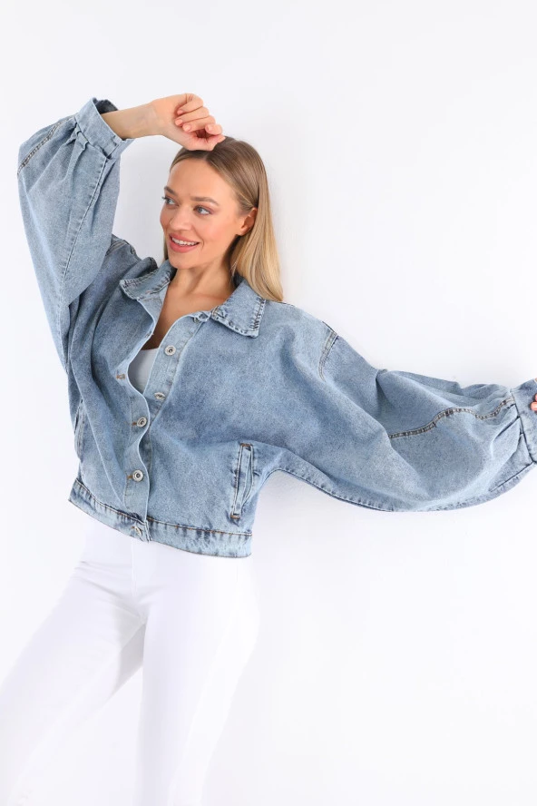 Kadın Oversize Jean Balon Kol Kar Yıkama Denim Kot Ceket - 9
