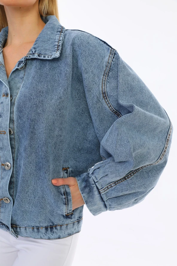 Kadın Oversize Jean Balon Kol Kar Yıkama Denim Kot Ceket - 10