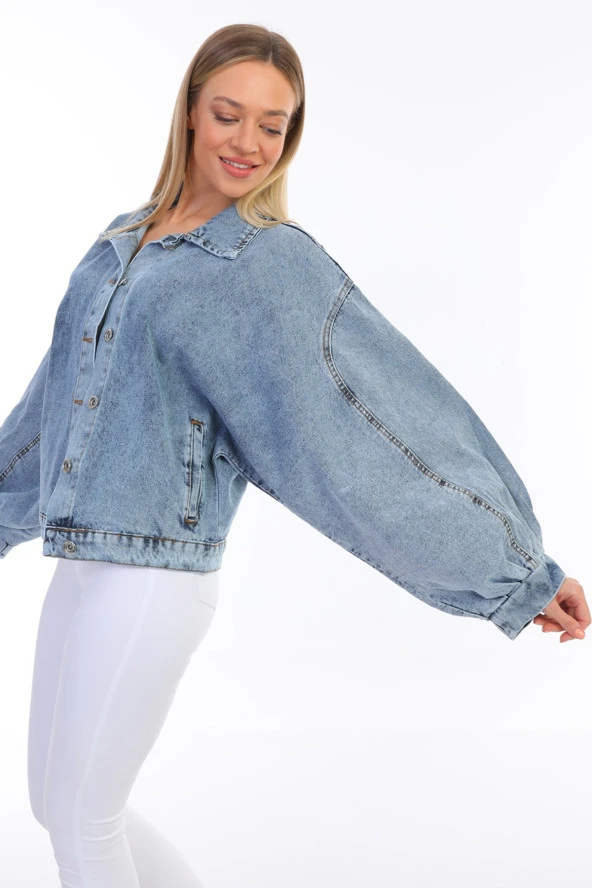 Kadın Oversize Jean Balon Kol Kar Yıkama Denim Kot Ceket - 11