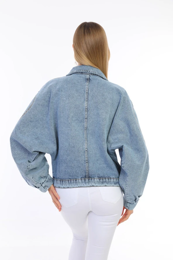 Kadın Oversize Jean Balon Kol Kar Yıkama Denim Kot Ceket - 12