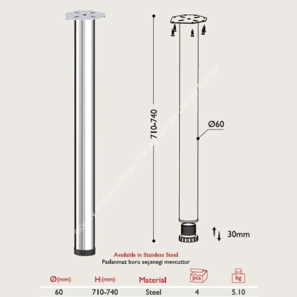 Gürçay Masa Ayağı - 60mm Krom 71cm 4 adet - Resim 2